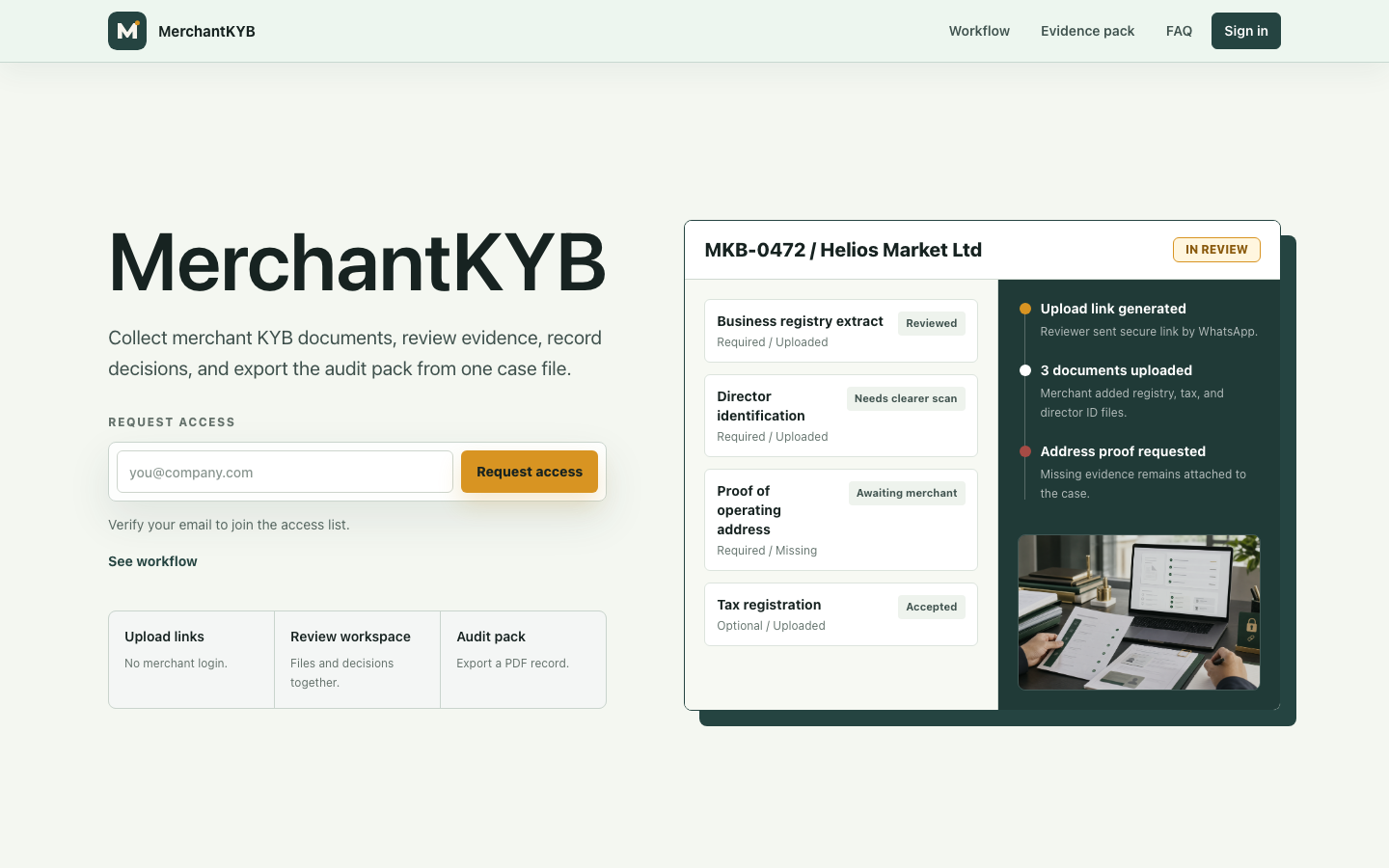 Merchant KYB landing page showing case file, evidence checklist, and audit timeline.
