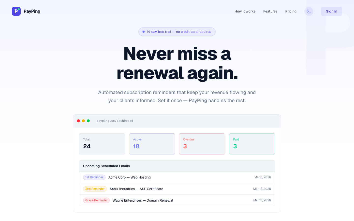 PayPing landing page showing renewal reminder dashboard and scheduled email list.