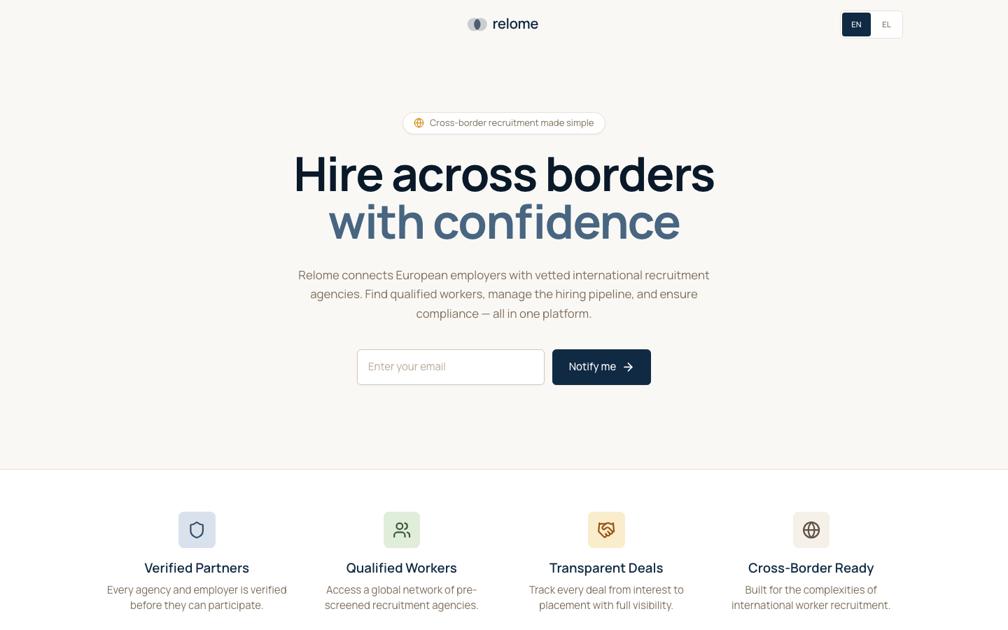 Relome landing page showing cross-border recruitment positioning and feature cards.